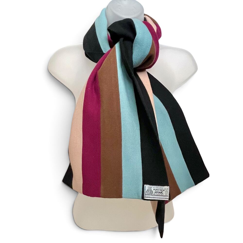 Vintage Pure New Wool Colorful Striped Reversible Muffler Scarf Made in England